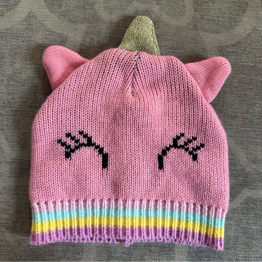 Kids Pink unicorn hat w colorful trim & golden horn